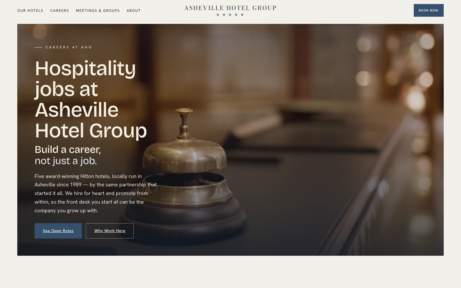 Prototype careers page: Hospitality jobs at Asheville Hotel Group, build a career not just a job